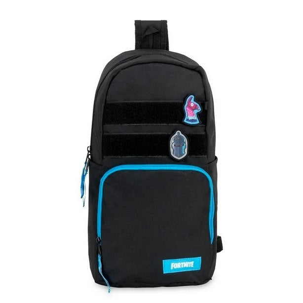 Black Fortnite sling backpack with blue trim.